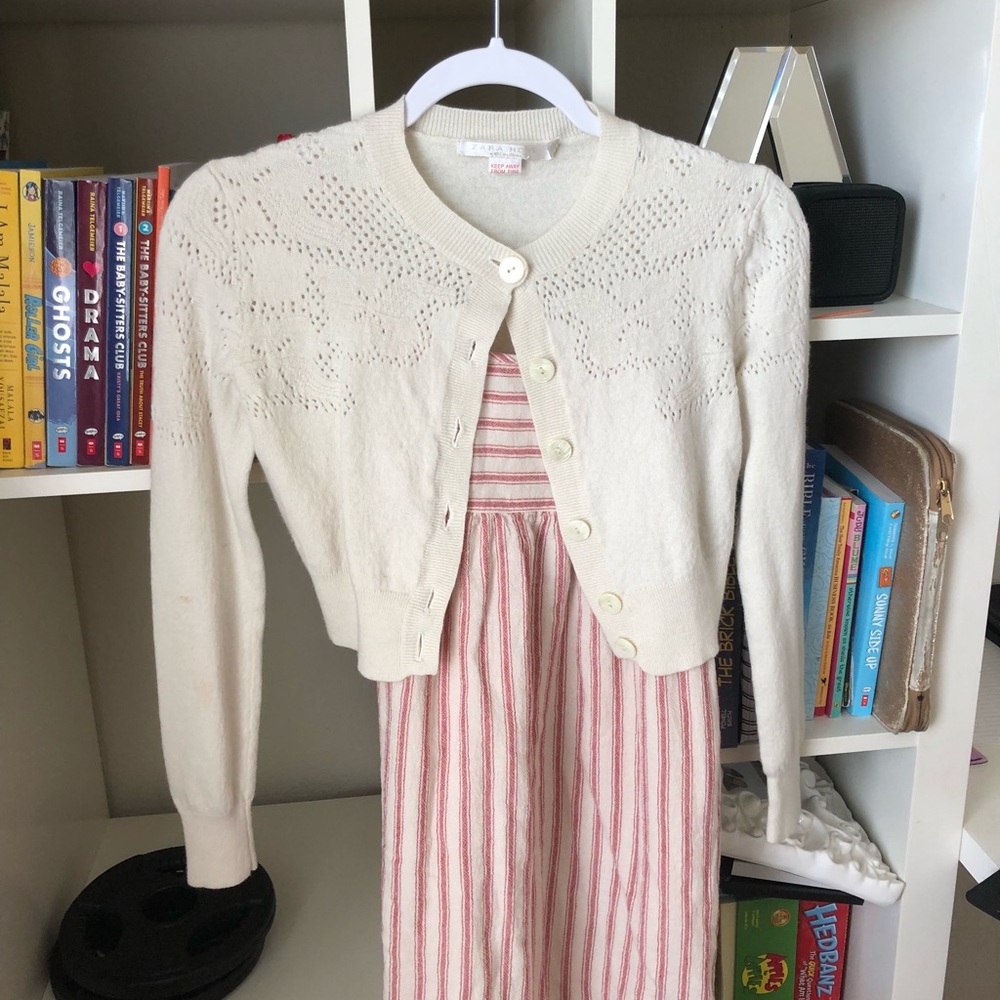 Beige cardigan Cute with Stripe Dress Full Outfit
